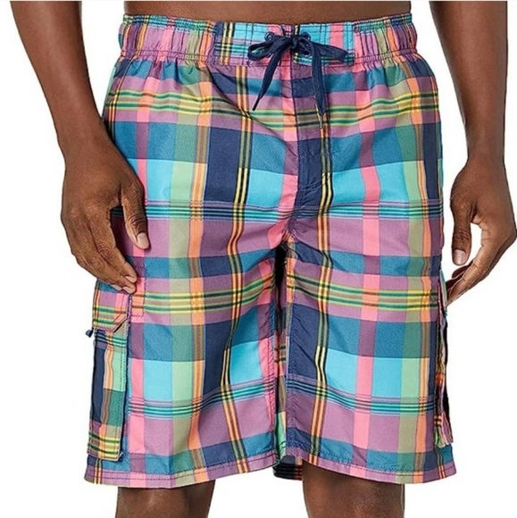 Kanu Surf Zuma Bright Plaid Long Length Swim Trunks Pockets UPF 50+ Sz XL - Picture 1 of 2